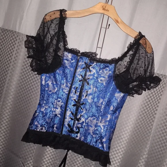 blue and black corset with zip up back closure lace puff sleeve with dot details - Picture 2 of 7